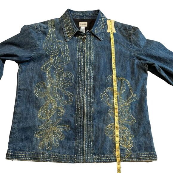 Chico's  Women's Blue Denim Jean Jacket Embroidered Zip Up Size 2 (12) - Picture 6 of 8